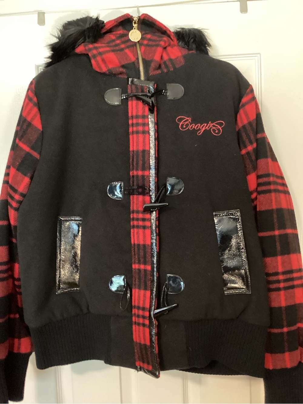 Women’s COOGI Black Jacket with Red Plaid Hood & Sleeves